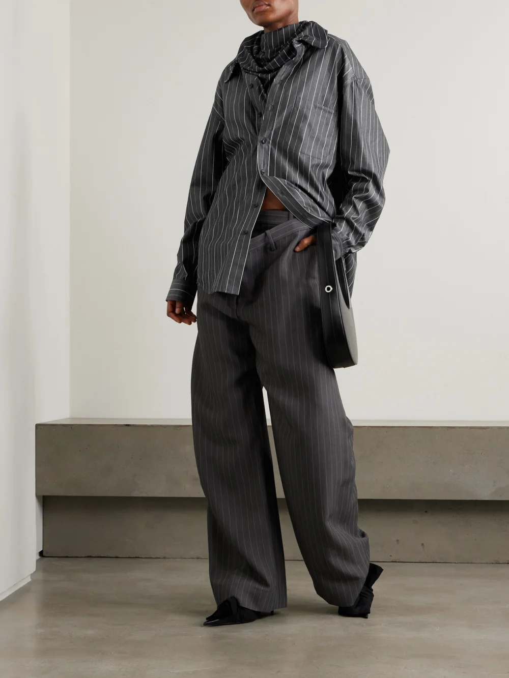 Y/Project Pinstriped Jersey-trimmed Organic Cotton-poplin Shirt, worn by a model