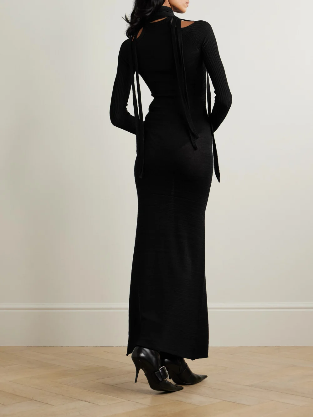 Back view of the Y/Project Scarf-detailed Stretch-knit Maxi Dress