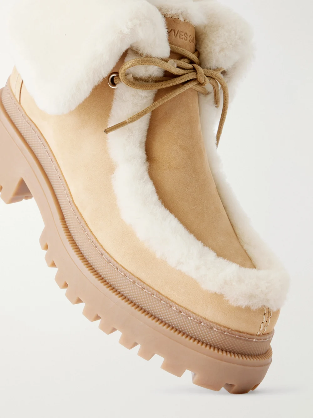 Close-up detail of the Yves Salomon Brushed Shearling-trimmed Suede Ankle Boots