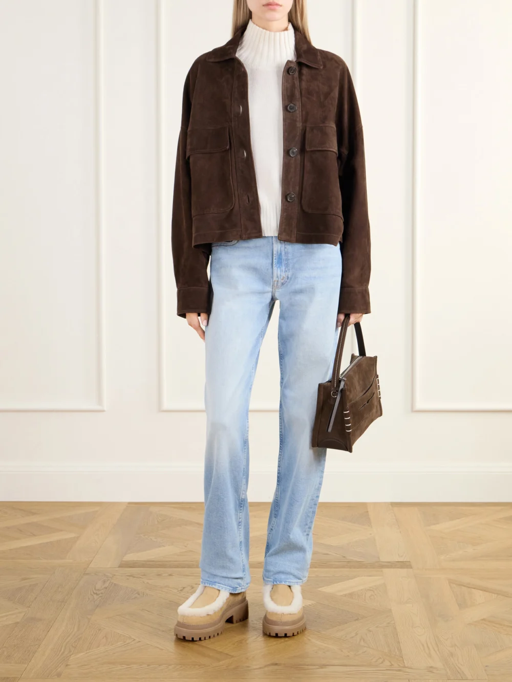 Yves Salomon Brushed Shearling-trimmed Suede Ankle Boots, styled view