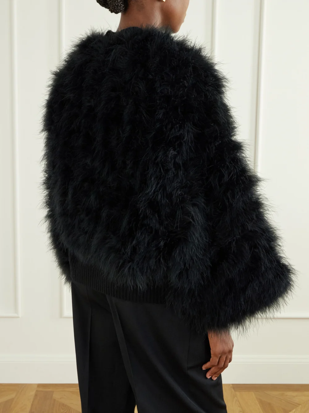 Back view of the Yves Salomon Cropped Feather-trimmed Satin Cape