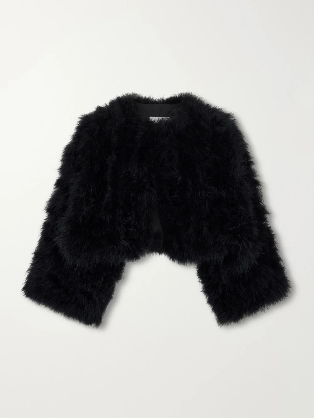 Yves Salomon Cropped Feather-trimmed Satin Cape in black