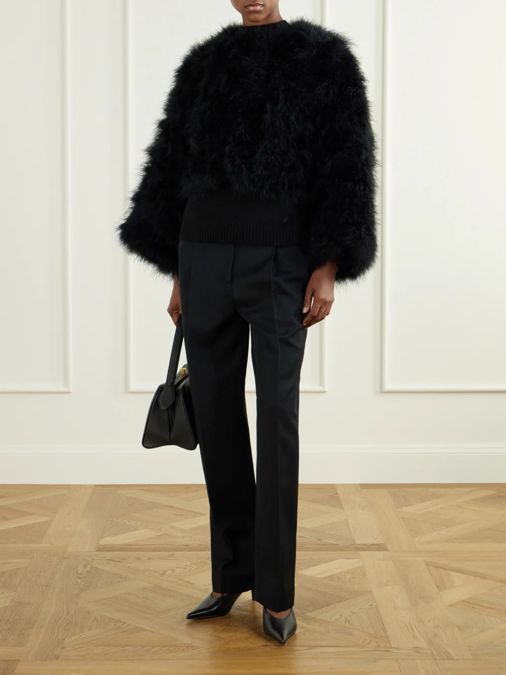 Yves Salomon Cropped Feather-trimmed Satin Cape, worn by a model