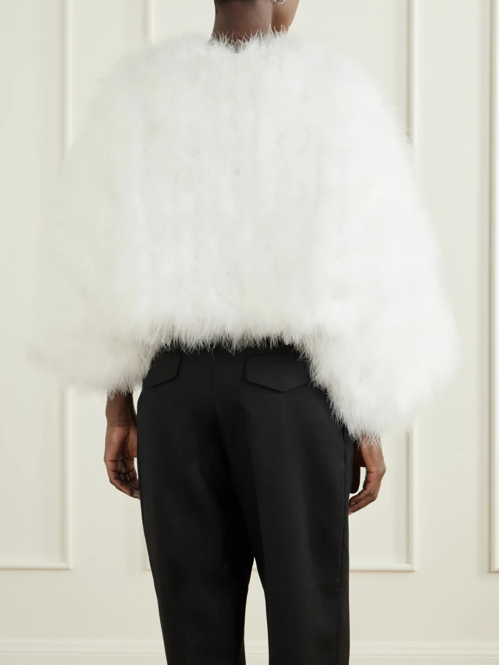Back view of the Yves Salomon Cropped Feather-trimmed Satin Cape