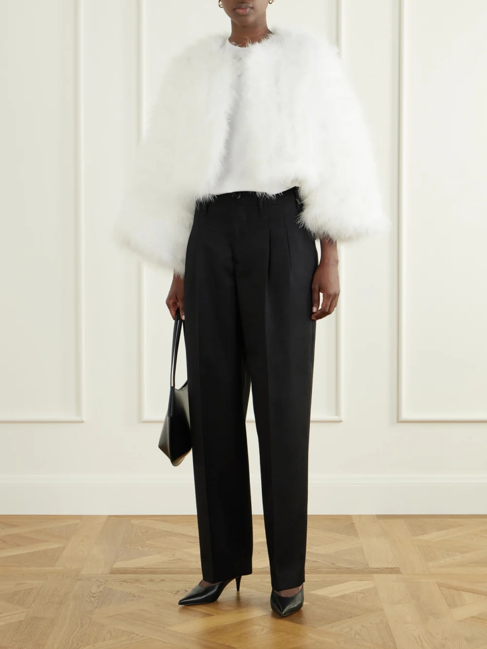 Yves Salomon Cropped Feather-trimmed Satin Cape, worn by a model