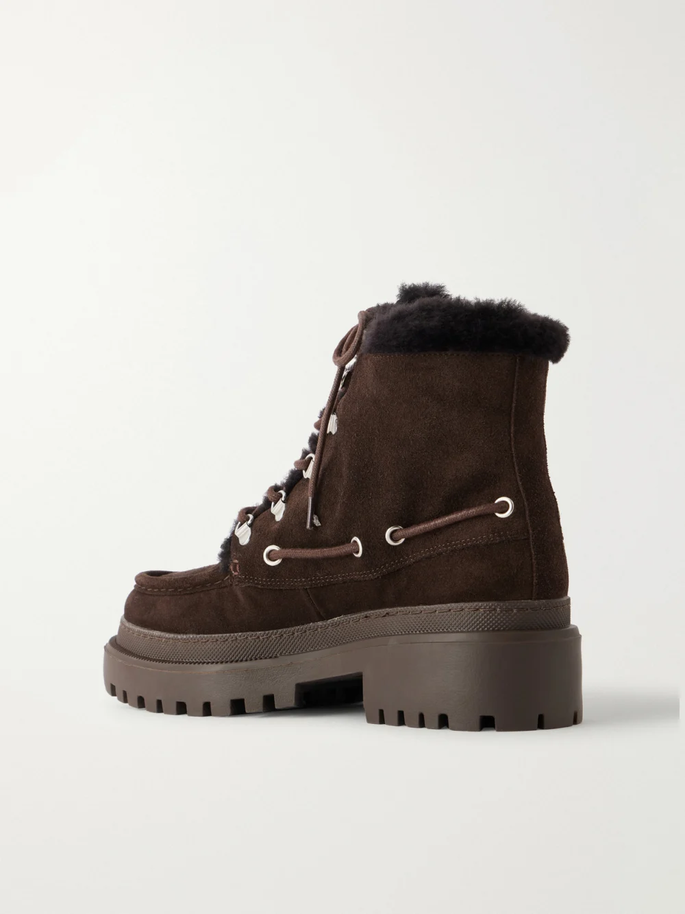 Back view of the Yves Salomon Eyelet-detailed Brushed Shearling-trimmed Suede Ankle Boots