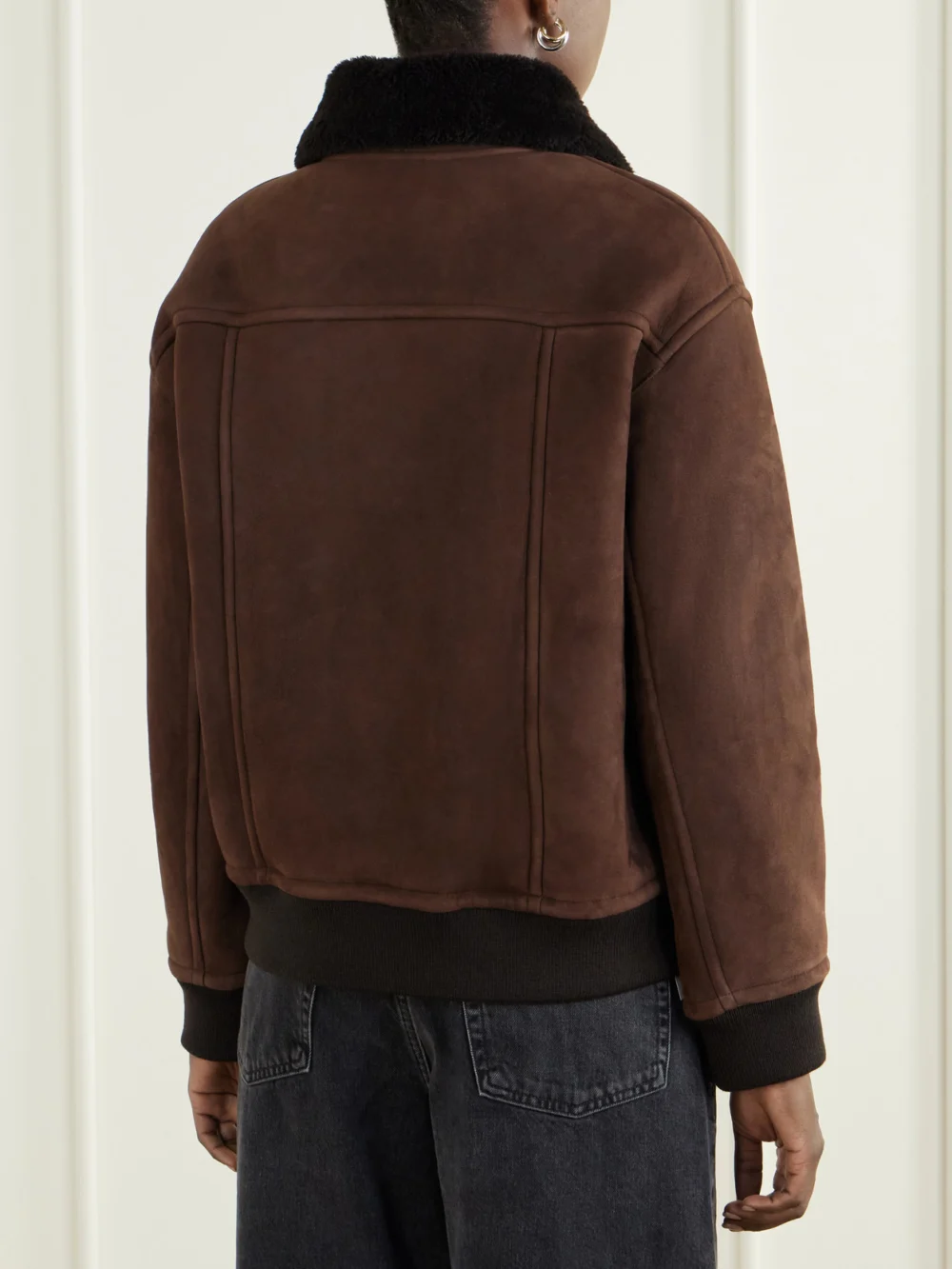 Back view of the Yves Salomon Shearling-trimmed Suede Jacket