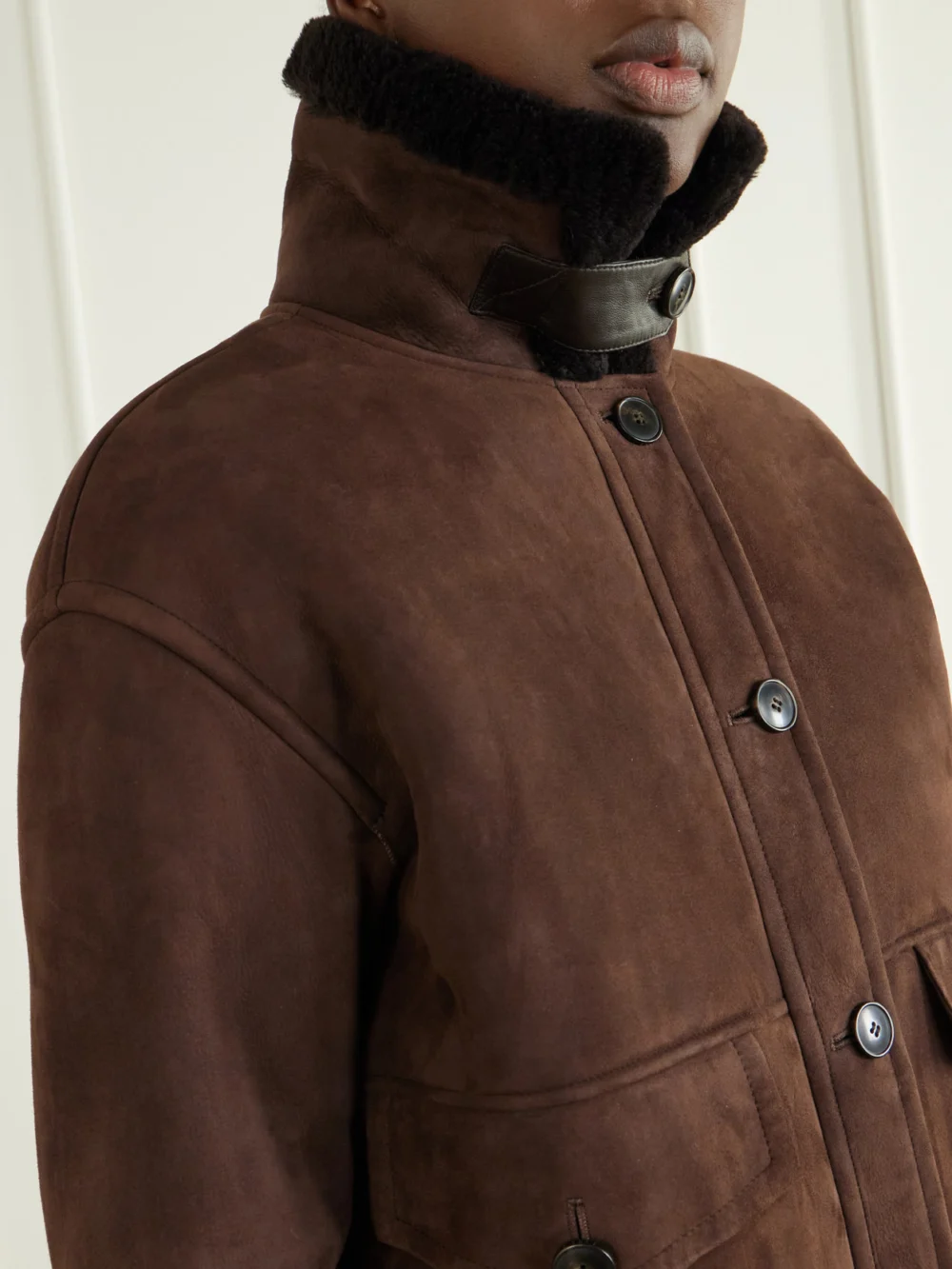 Close-up detail of the Yves Salomon Shearling-trimmed Suede Jacket