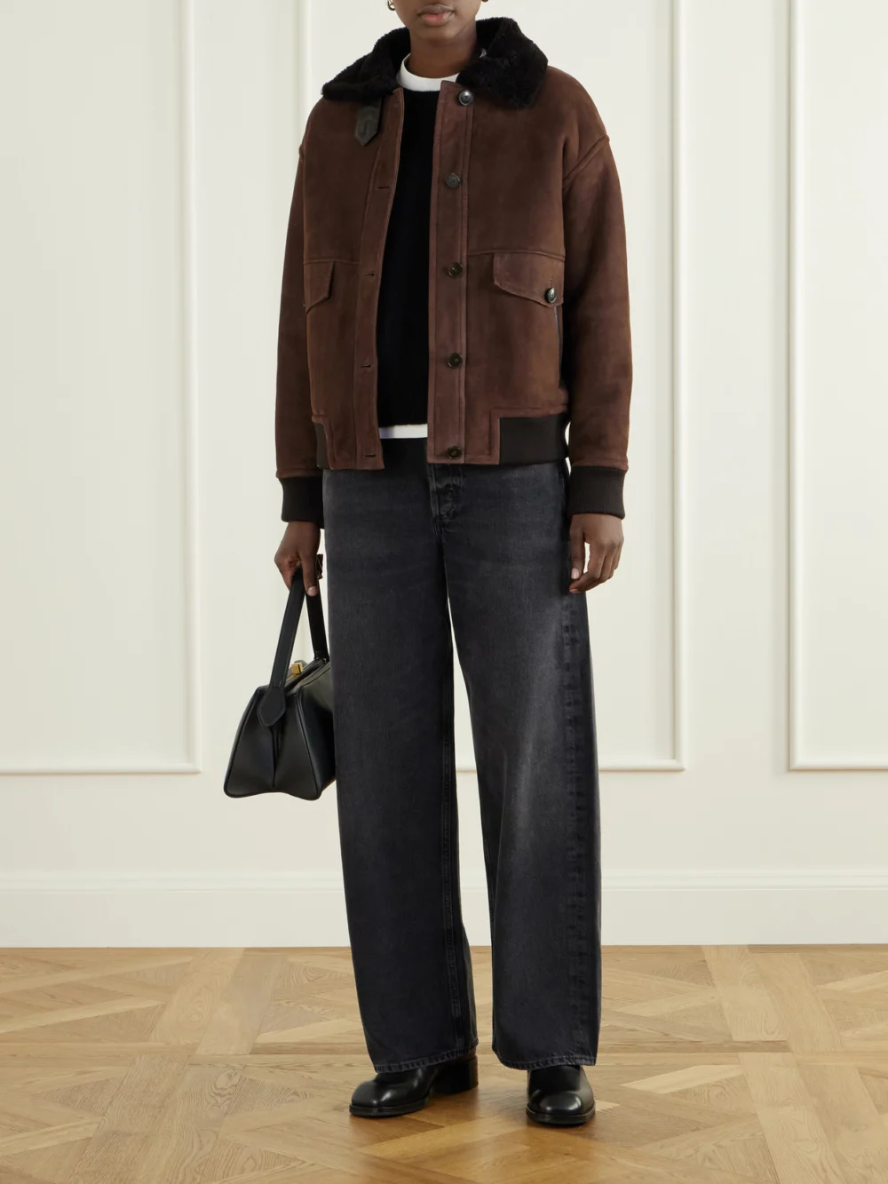 Yves Salomon Shearling-trimmed Suede Jacket, worn by a model
