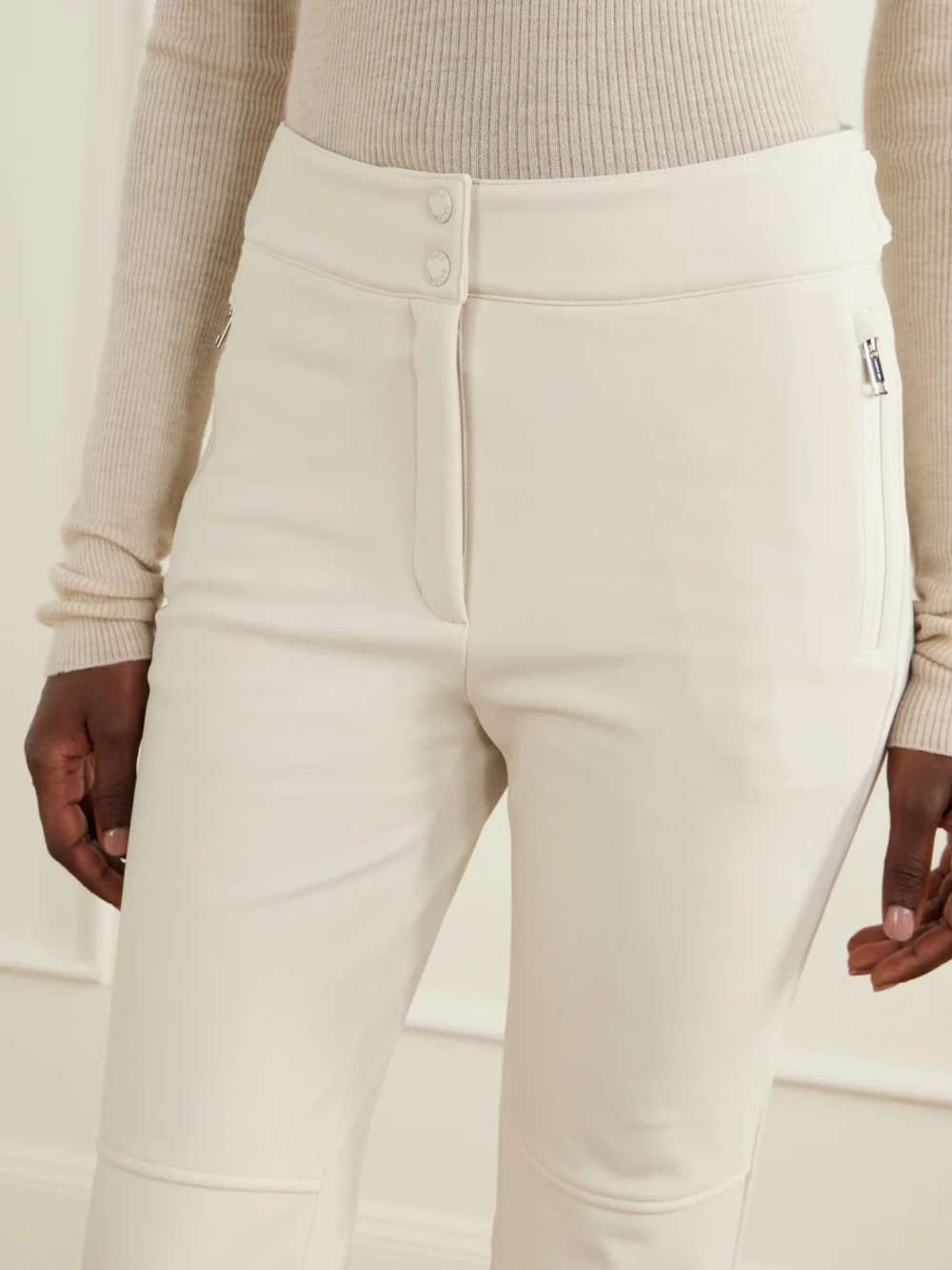 Close-up detail of the Yves Salomon Shell Flared Ski Pants
