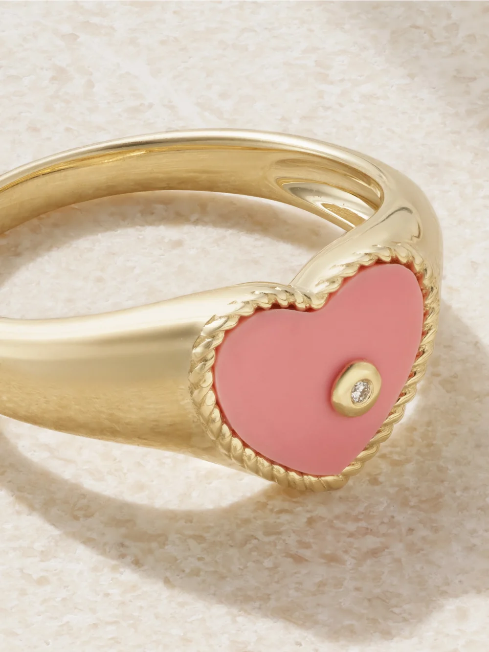 Close-up detail of the Yvonne Léon Baby Chevalière 9-karat Gold, Coral and Diamond Signet Ring