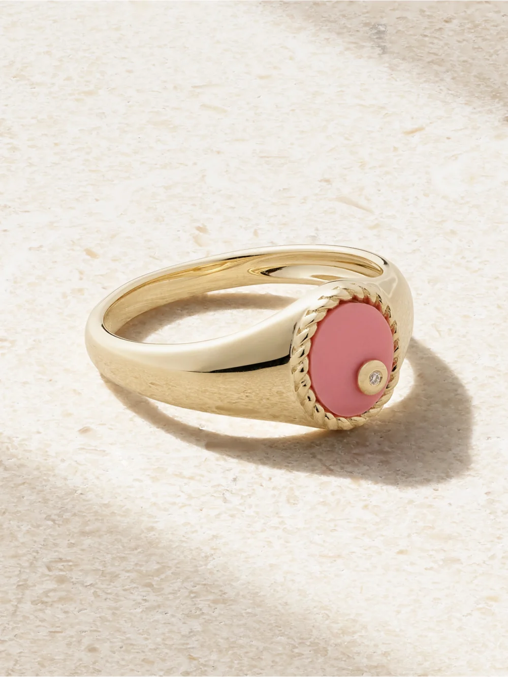 Yvonne Léon Baby Chevalière 9-karat Gold, Coral and Diamond Signet Ring in pink