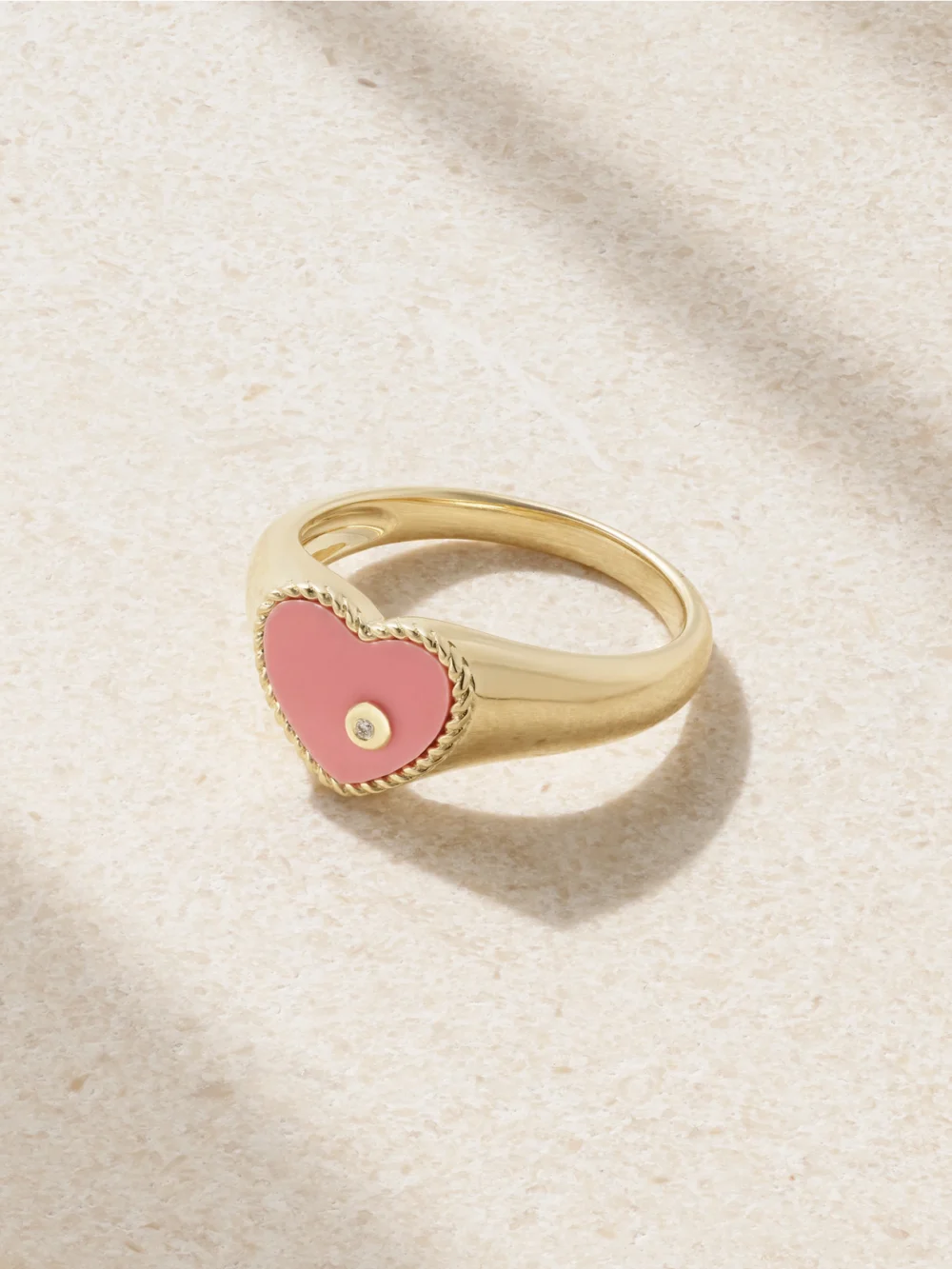 Yvonne Léon Baby Chevalière 9-karat Gold, Coral and Diamond Signet Ring in pink
