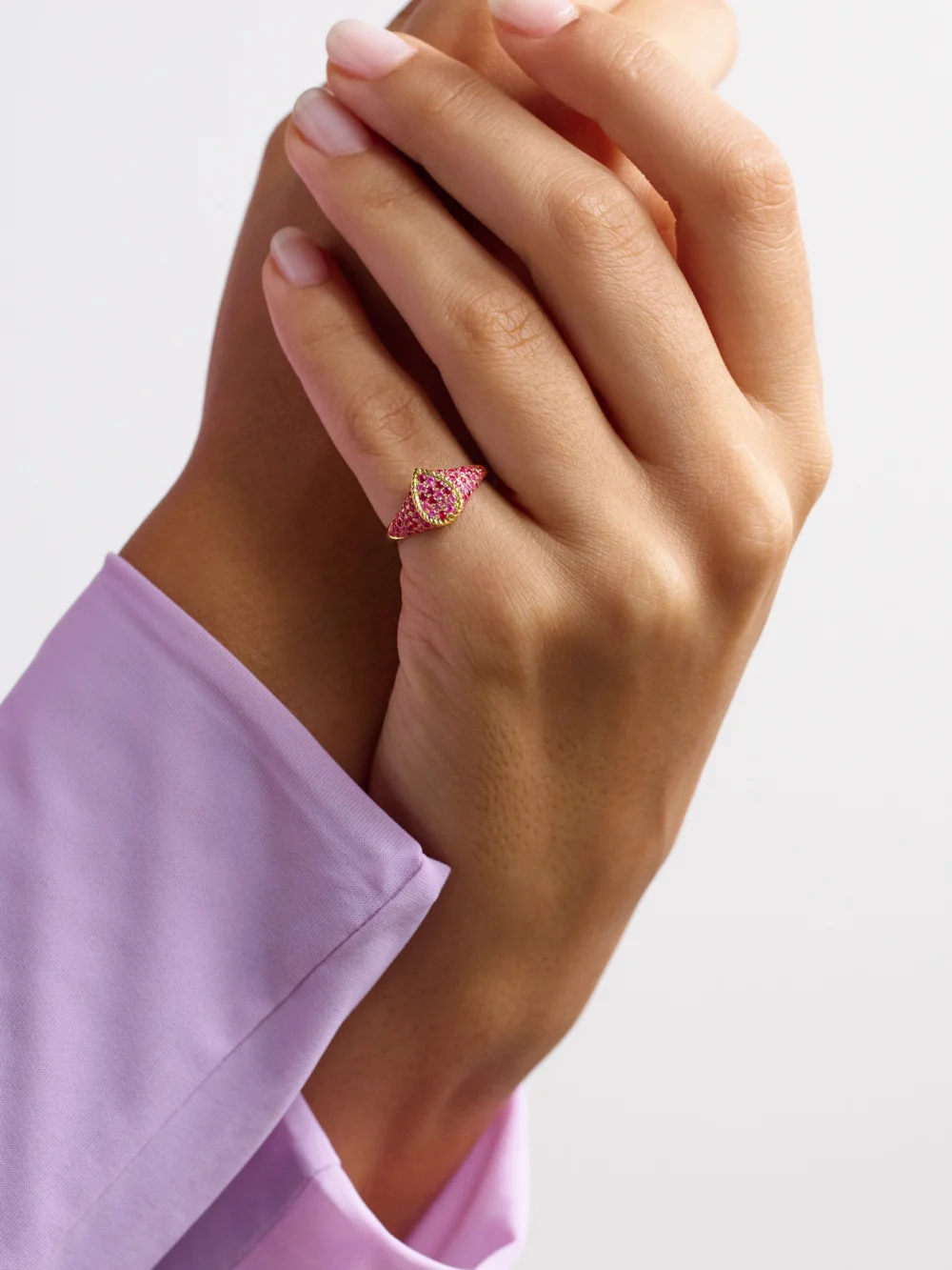 Yvonne Léon Baby Chevalière Poire 9-karat Gold, Ruby and Sapphire Signet Ring, styled view