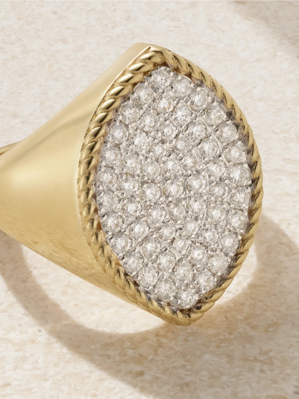 Close-up detail of the Yvonne Léon Chevalière Marquise 18-karat Gold Diamond Signet Ring