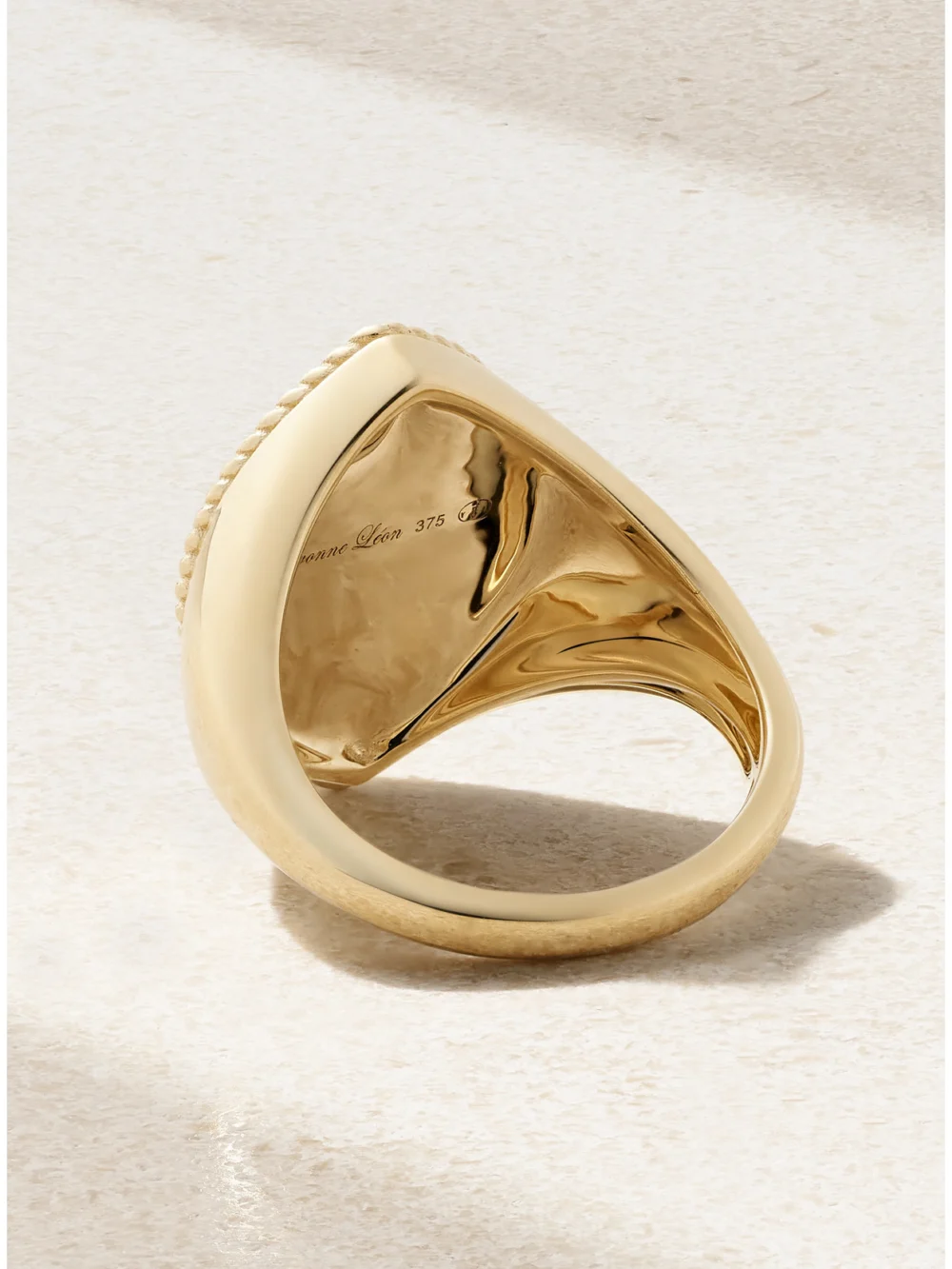 Back view of the Yvonne Léon Chevalière Marquise 9-karat Gold, Mother-of-pearl and Diamond Signet Ring