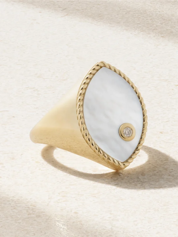 Yvonne Léon Chevalière Marquise 9-karat Gold, Mother-of-pearl and Diamond Signet Ring