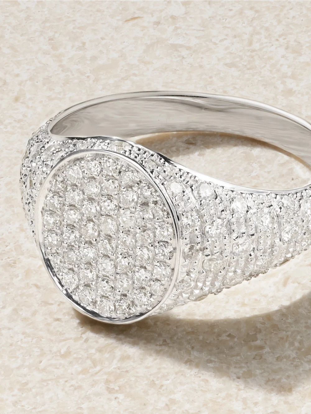 Close-up detail of the Yvonne Léon Mini Chevalière 9-karat White Gold Diamond Ring