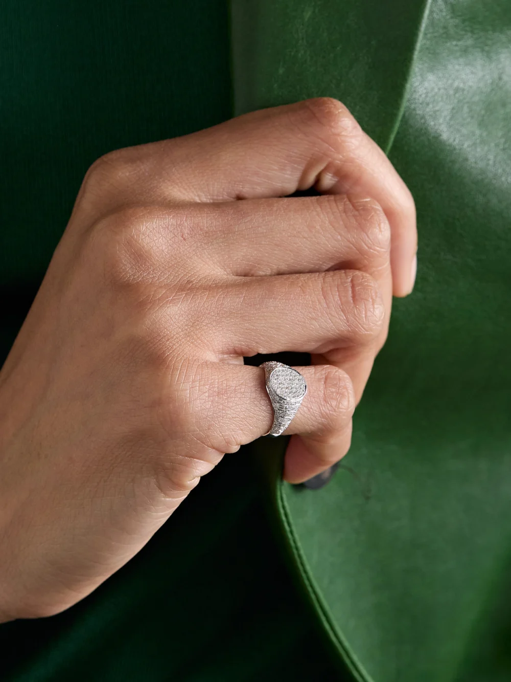 Yvonne Léon Mini Chevalière 9-karat White Gold Diamond Ring, styled view