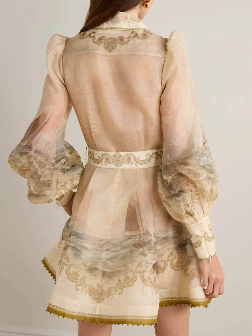 Back view of the Zimmermann Rebellion Bead-embellished Belted Printed Linen and Silk-blend Mini Dress