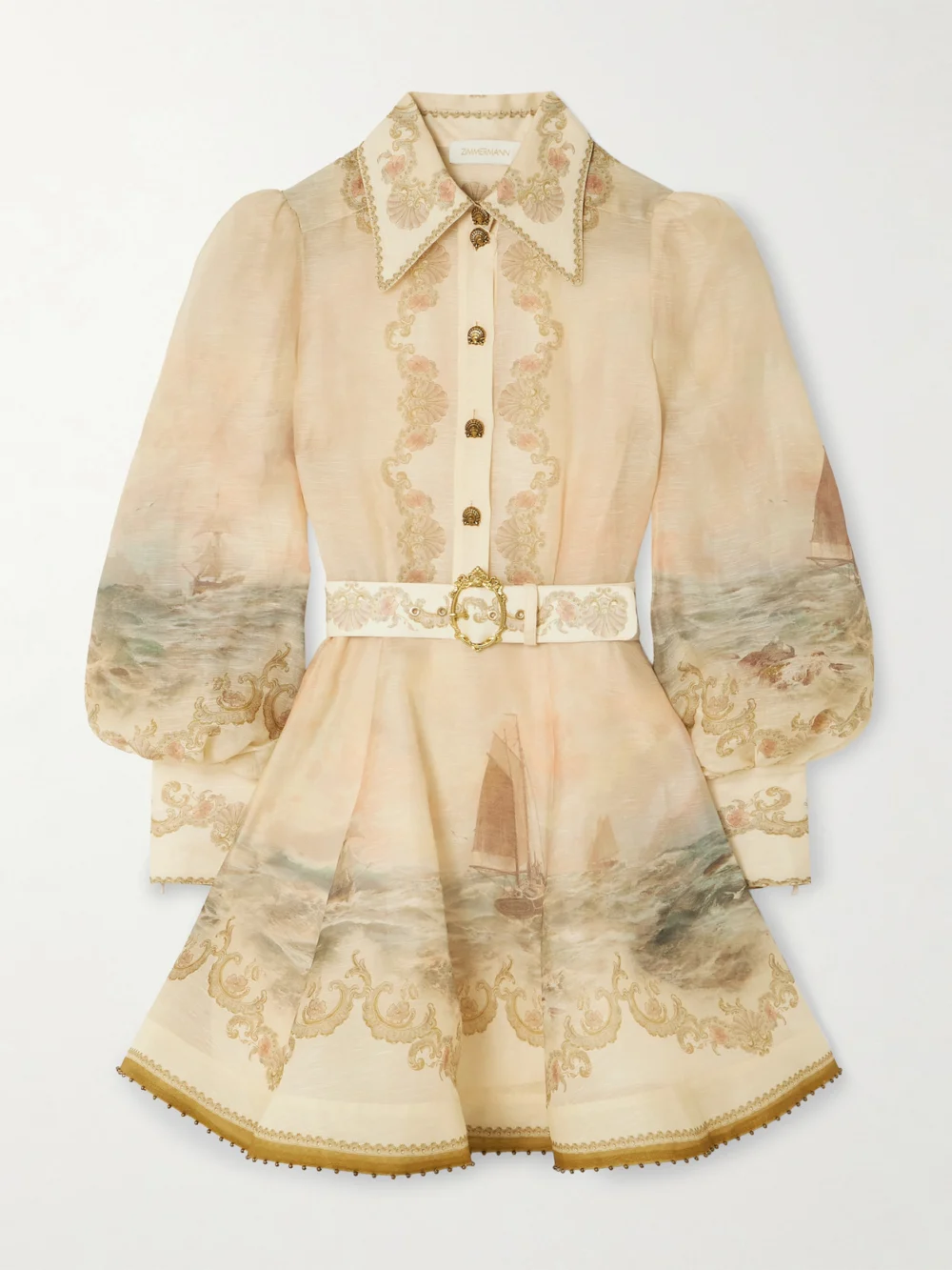 Zimmermann Rebellion Bead-embellished Belted Printed Linen and Silk-blend Mini Dress in beige
