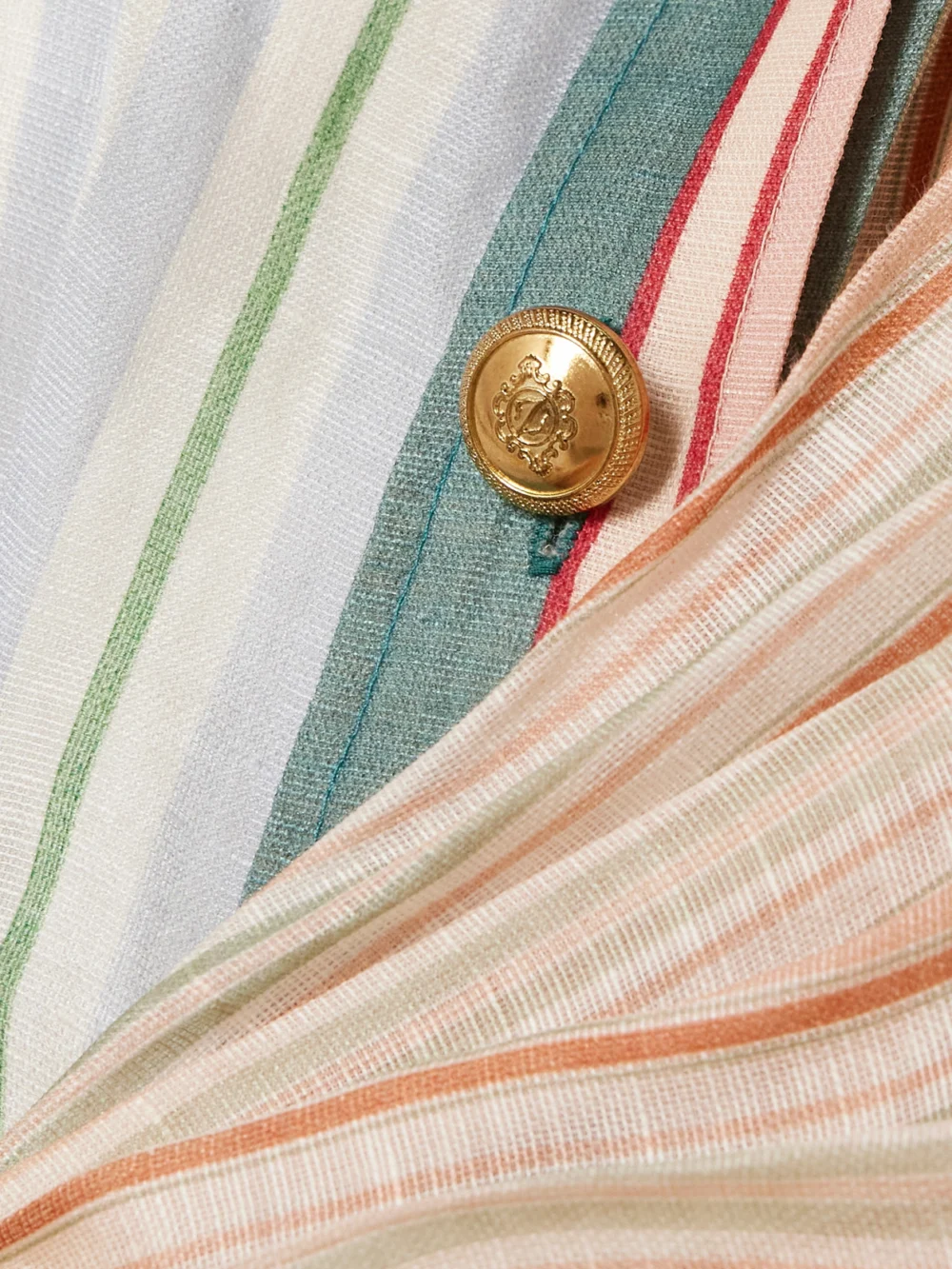 Close-up detail of the Zimmermann Rebellion Patchwork Striped Linen and Silk-blend Voile Mini Wrap Dress