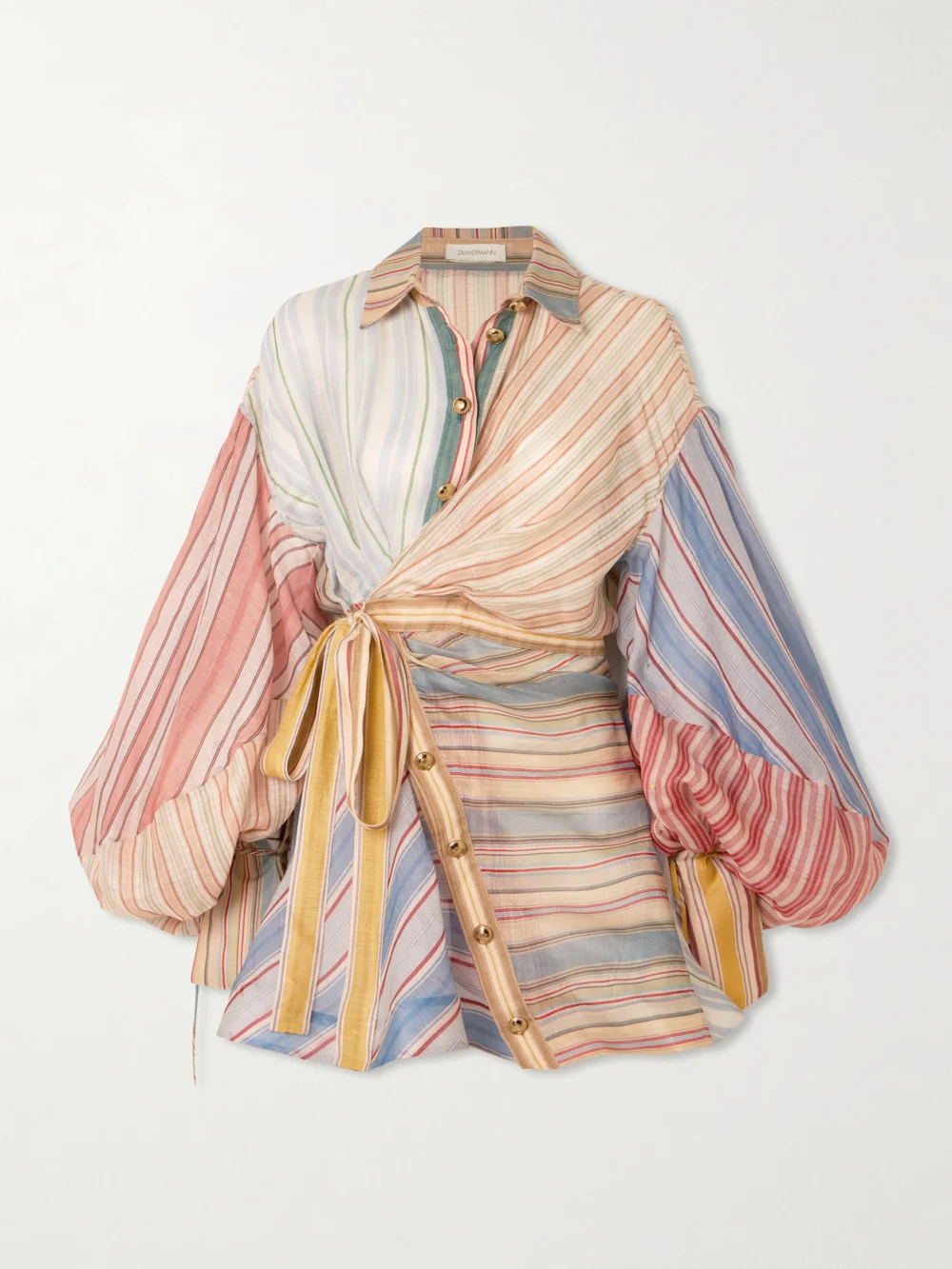Zimmermann Rebellion Patchwork Striped Linen and Silk-blend Voile Mini Wrap Dress in multi