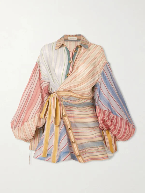 Zimmermann Rebellion Patchwork Striped Linen and Silk-blend Voile Mini Wrap Dress