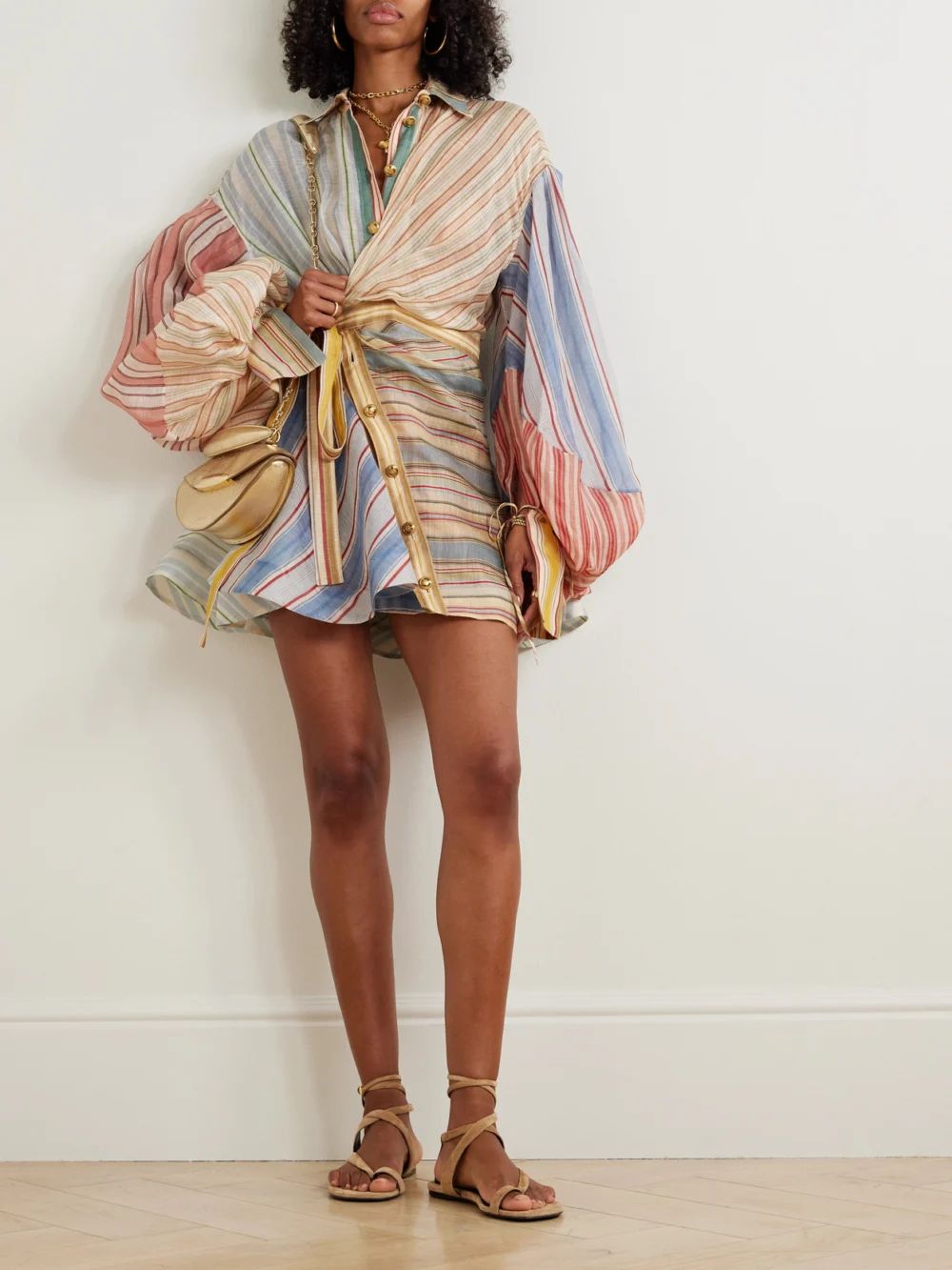 Zimmermann Rebellion Patchwork Striped Linen and Silk-blend Voile Mini Wrap Dress, worn by a model