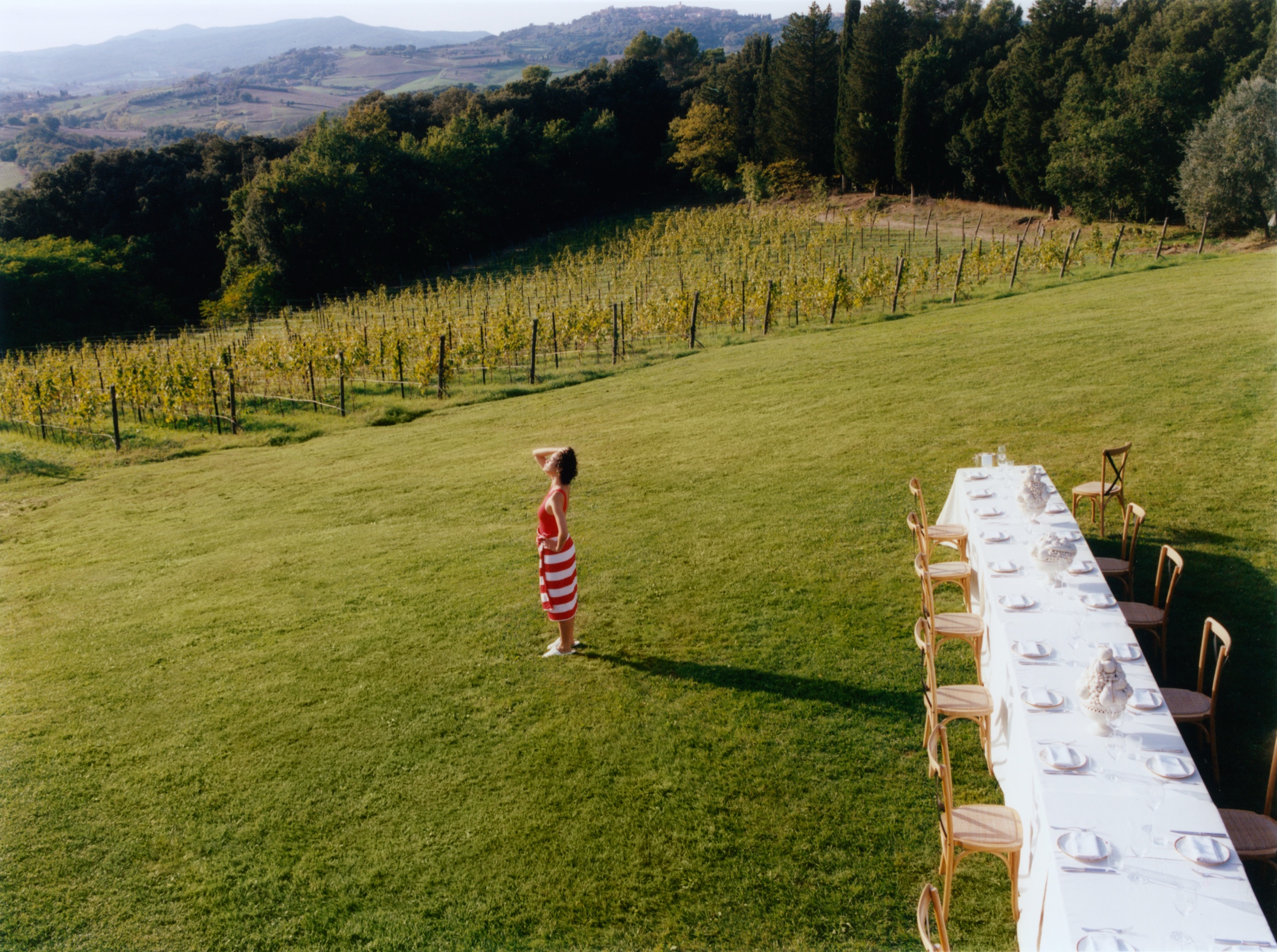 Long dinner table set on a lawn beside a vineyard, with a guest standing nearby, Castello di Casole