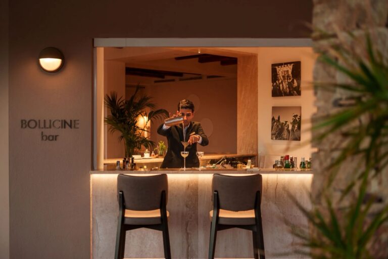 The counter at Bollicine, the resort's aperitivo and late-night bar, Conrad Chia Laguna Sardinia