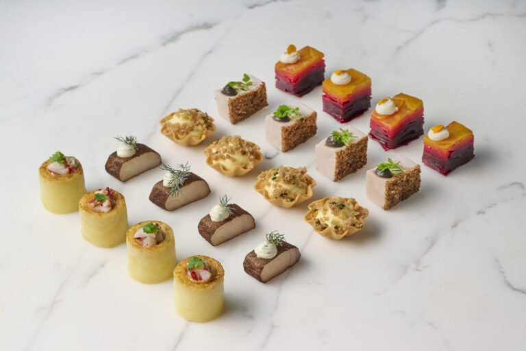 A selection of canapés arranged on a marble surface, Gray's Inn