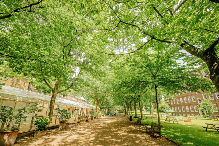 A tree-lined gravel path through The Walks, with the summer marquee along one side, Gray's Inn