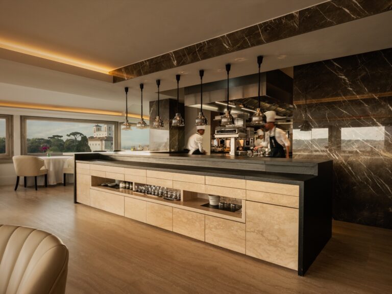 The Imàgo dining room and its open kitchen counter, Hassler Roma