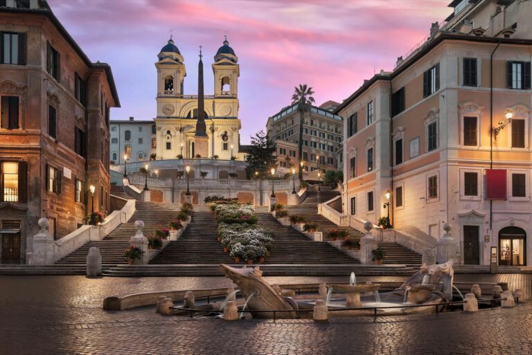 The Spanish Steps and Trinità dei Monti at dusk; the hotel stands to the right of the church at the top of the steps, Hassler Roma