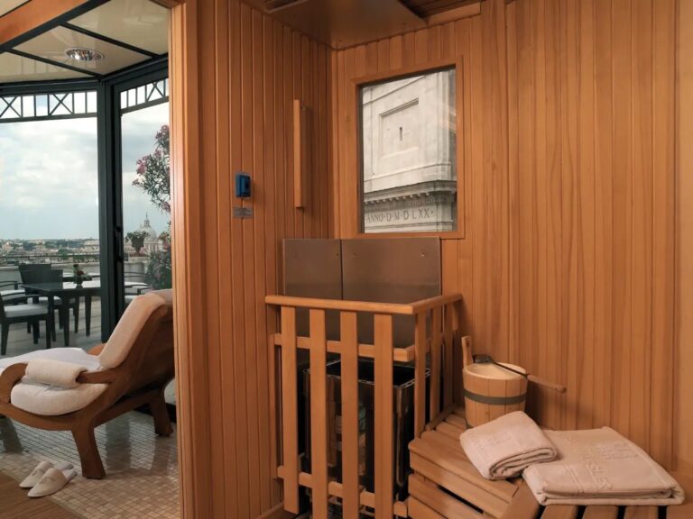 The sauna at the wellness area, opening onto a terrace, Hassler Roma