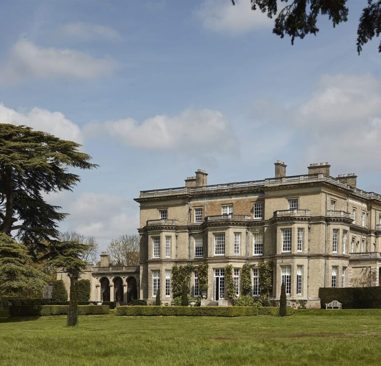 The house seen across the South Lawn, with a cedar on the left and the arched loggia to the side, Hedsor House