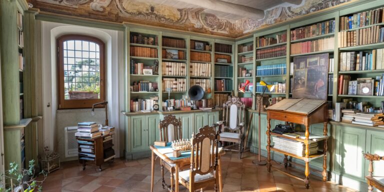 Library with green painted bookcases, antique desks and a window onto the garden, Palazzo Suriano