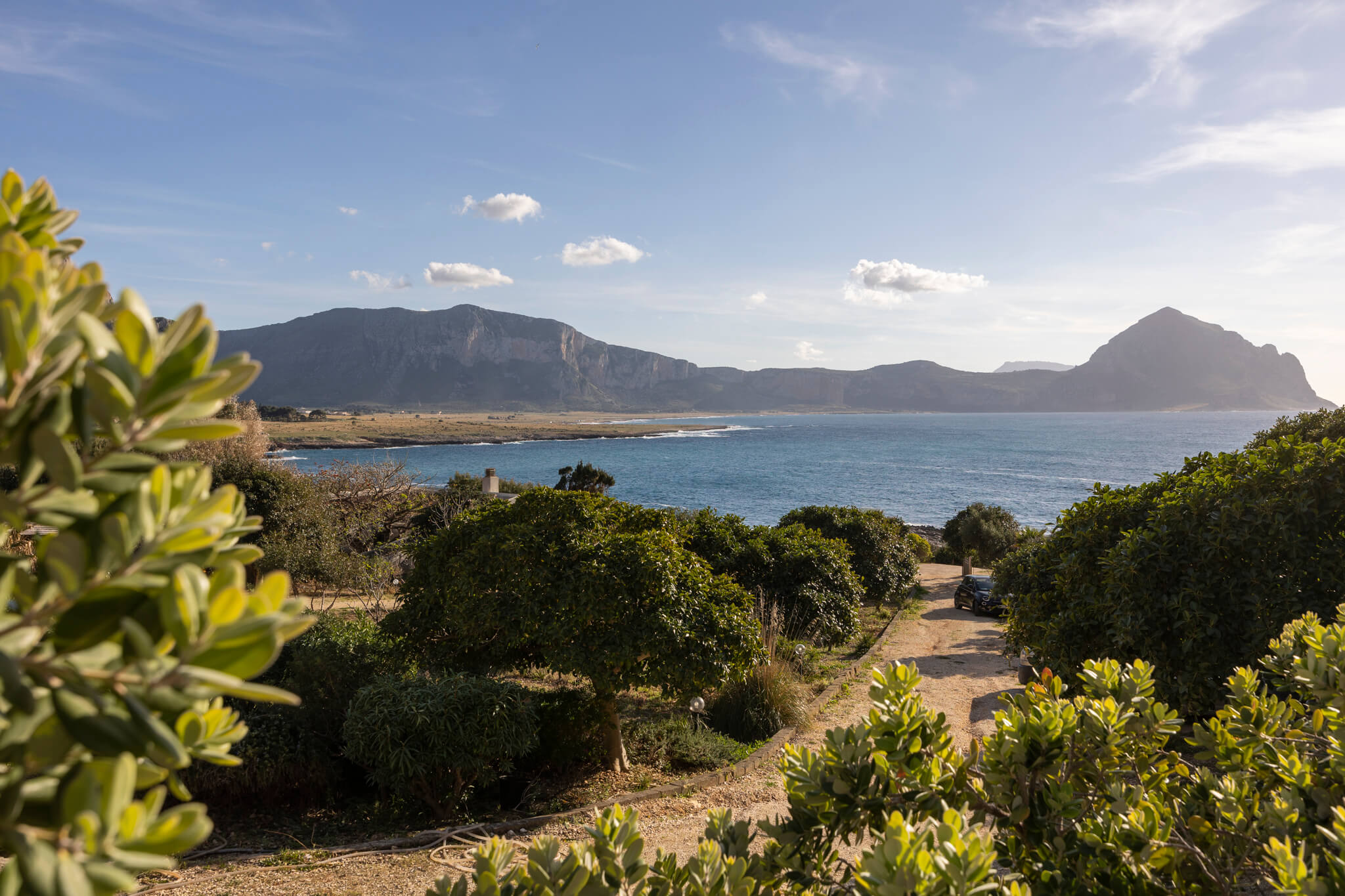 View from the estate's garden across the Gulf of Makari to Monte Cofano, Pittalumari Makari