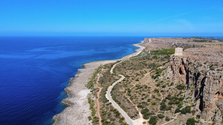 Aerial view of the coastline with the Isulidda watchtower on the clifftop, Pittalumari Makari