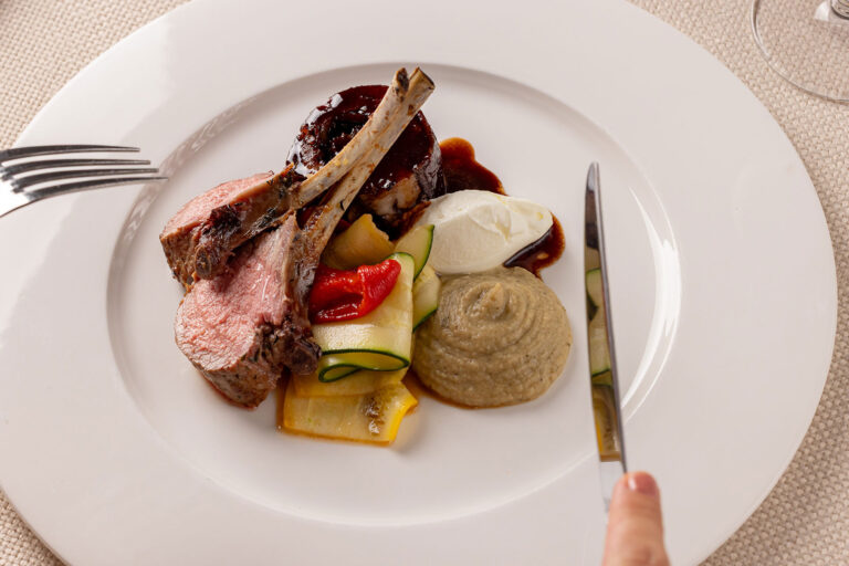 A plated rack of lamb with vegetables and a purée, Plaisterers' Hall
