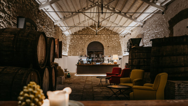 The wine bar in the old pressing room, with large barrels, a bar counter and armchairs, Susafa