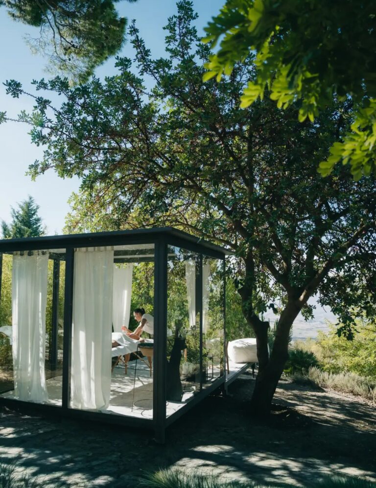 The curtained glass massage pavilion under the carob tree, Susafa
