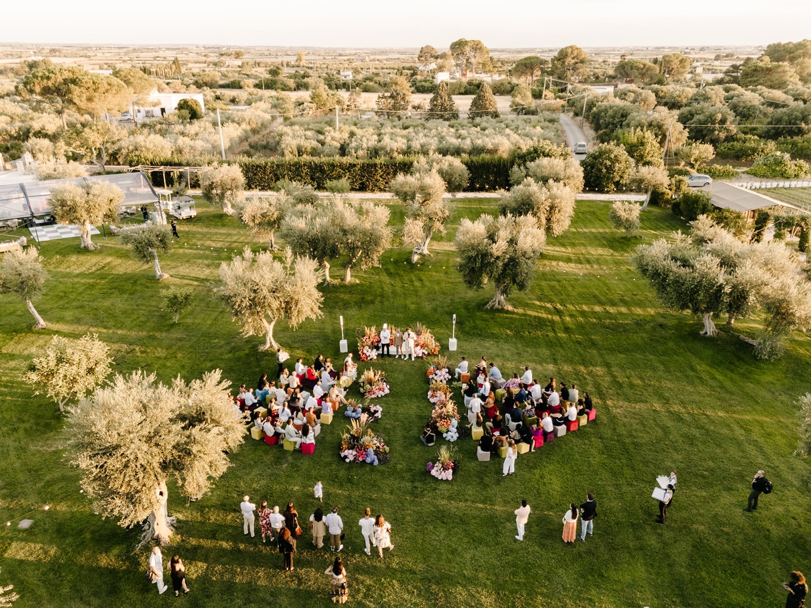 Aerial view of guests gathered on the lawn among the olive trees, Tenuta Pinto