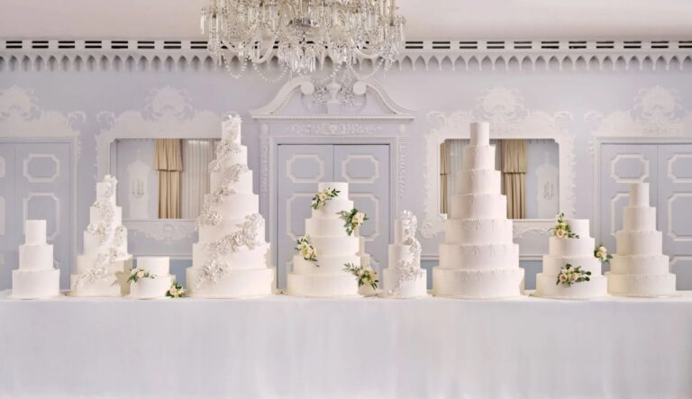 A row of tiered white wedding cakes on a long table, The Dorchester