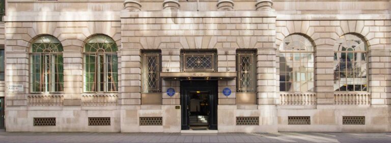 The stone facade and entrance of the Club on Fitzmaurice Place, The Lansdowne Club