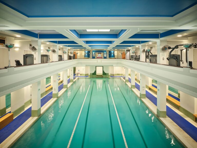 The 25-yard Art Deco swimming pool seen from the gallery, The Lansdowne Club