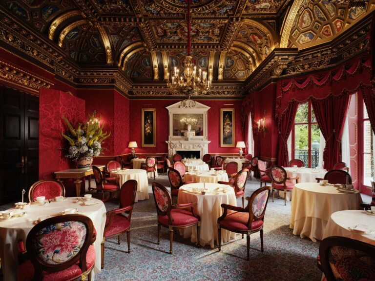 The William Kent Room laid with round tables and red chairs beneath a gilded, painted ceiling, The Ritz London