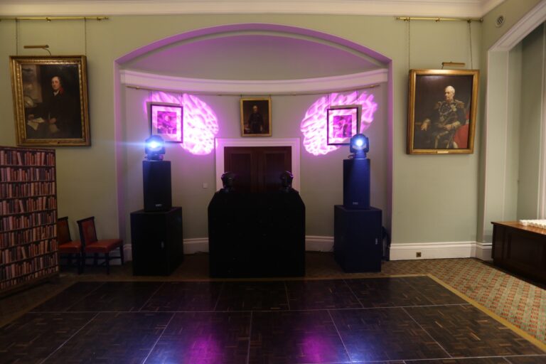 The Pepys Room set up with a dance floor and DJ lighting for the evening, Trinity House on Tower Hill