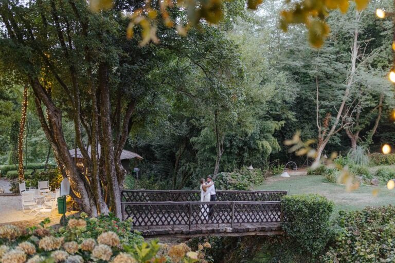 A wooden footbridge over the stream among the trees and hydrangeas of the park, Valle di Badia